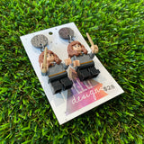 Uniformed Wizard Witch Girl Brick Character with Wand Accessory Dangle Earrings - Featuring a Black Glitter Top!
