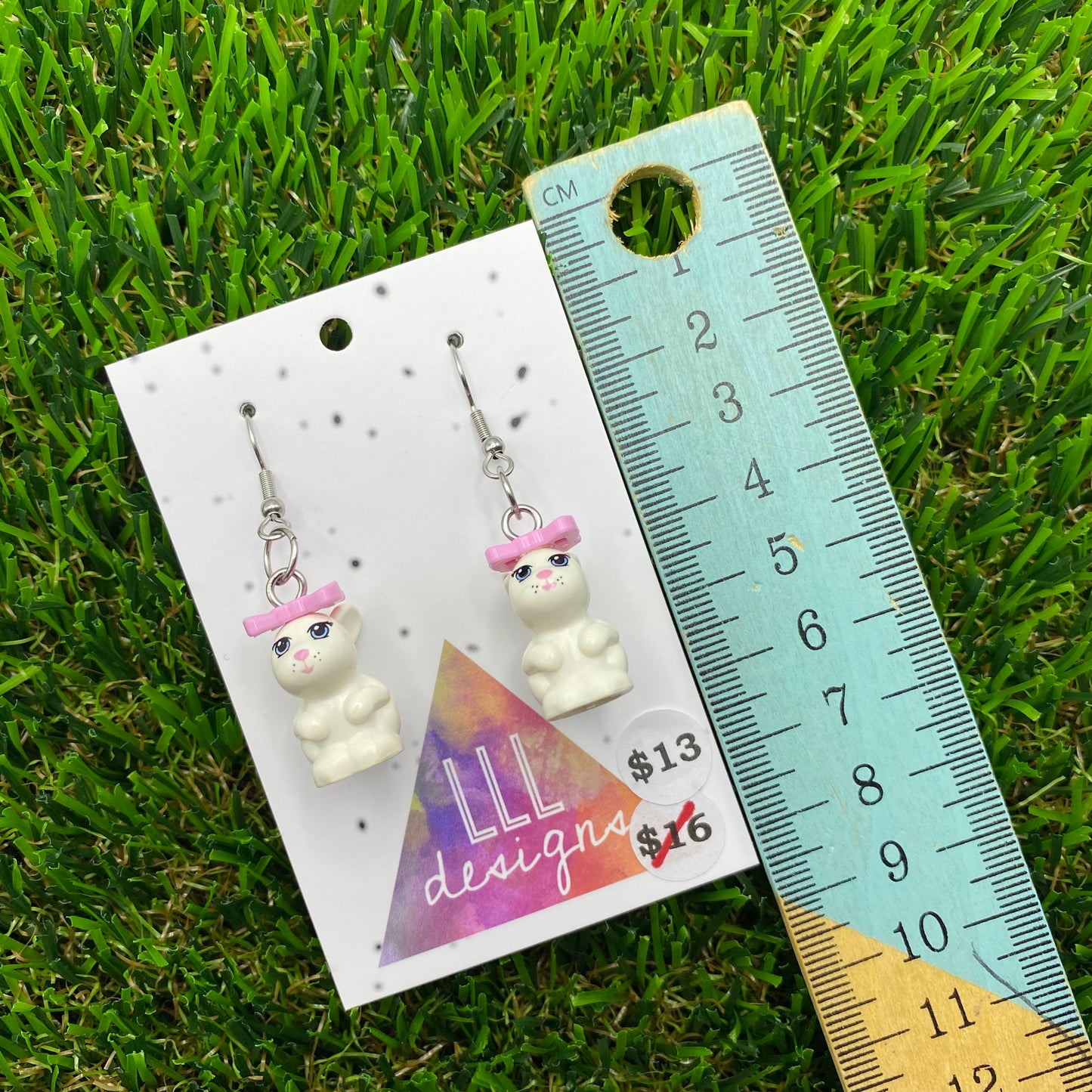 White Bunny Brick Animal Hook Earrings - Featuring Pink Flower - Lightweight!