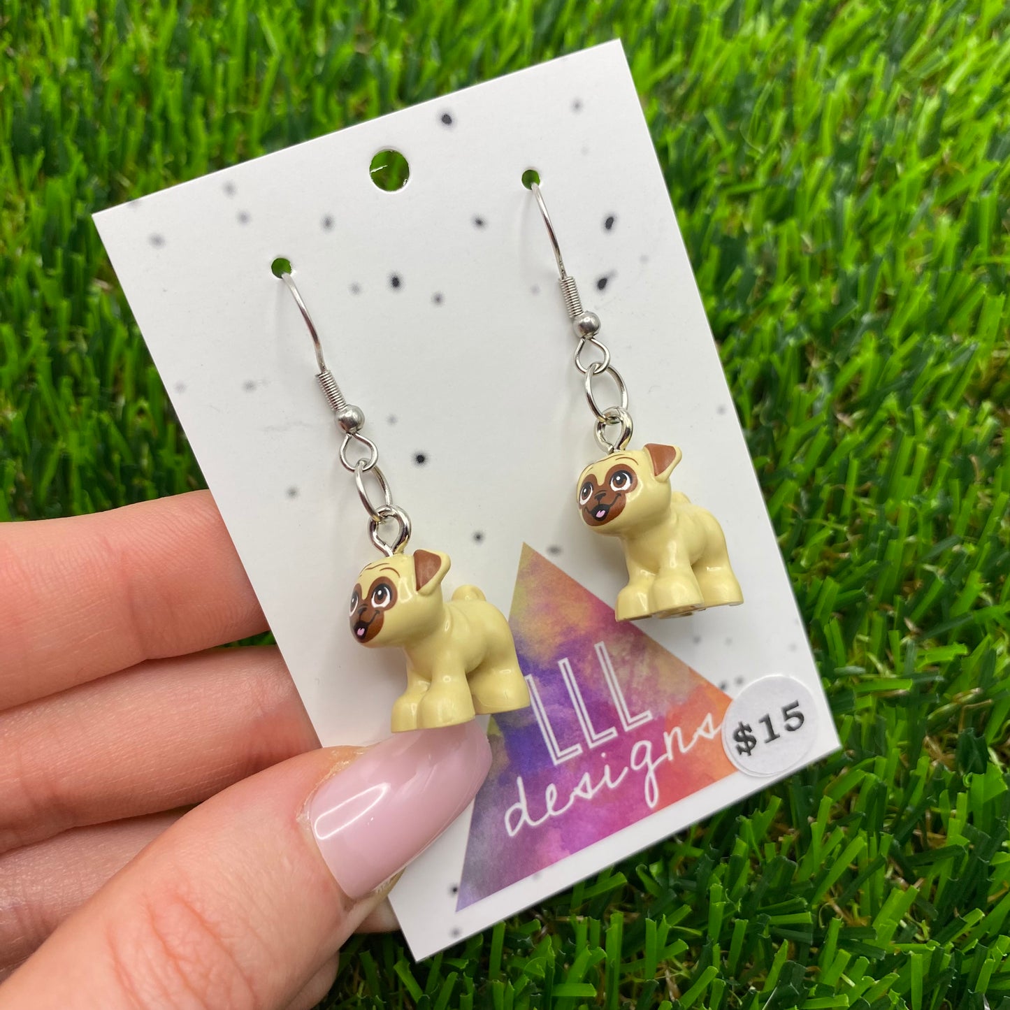 Tan Pug Brick Animal Hook Earrings - Lightweight!