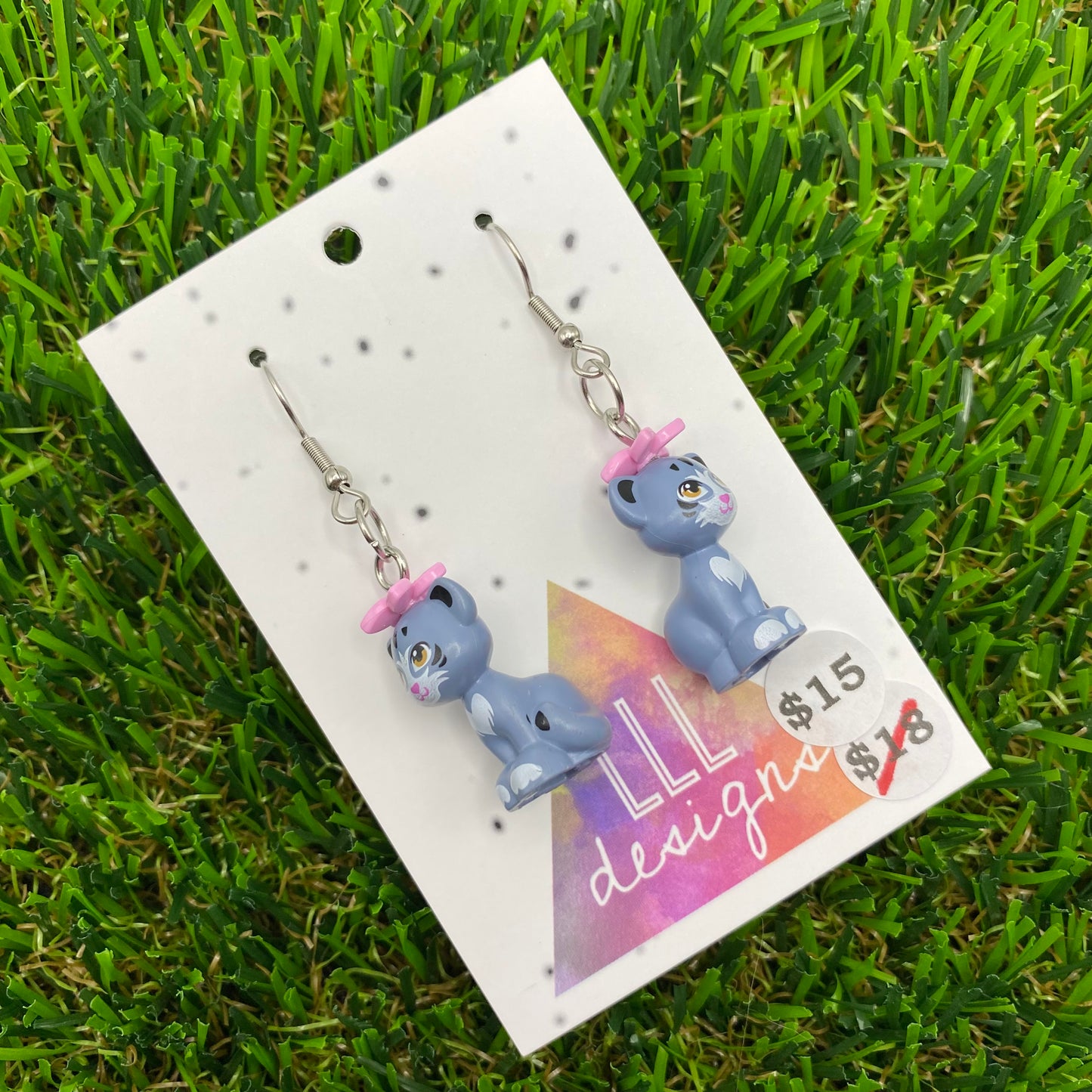 Gray Cat Brick Animal Hook Earrings - Featuring Pink Flower - Lightweight!