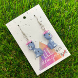 Gray Cat Brick Animal Hook Earrings - Featuring Pink Flower - Lightweight!