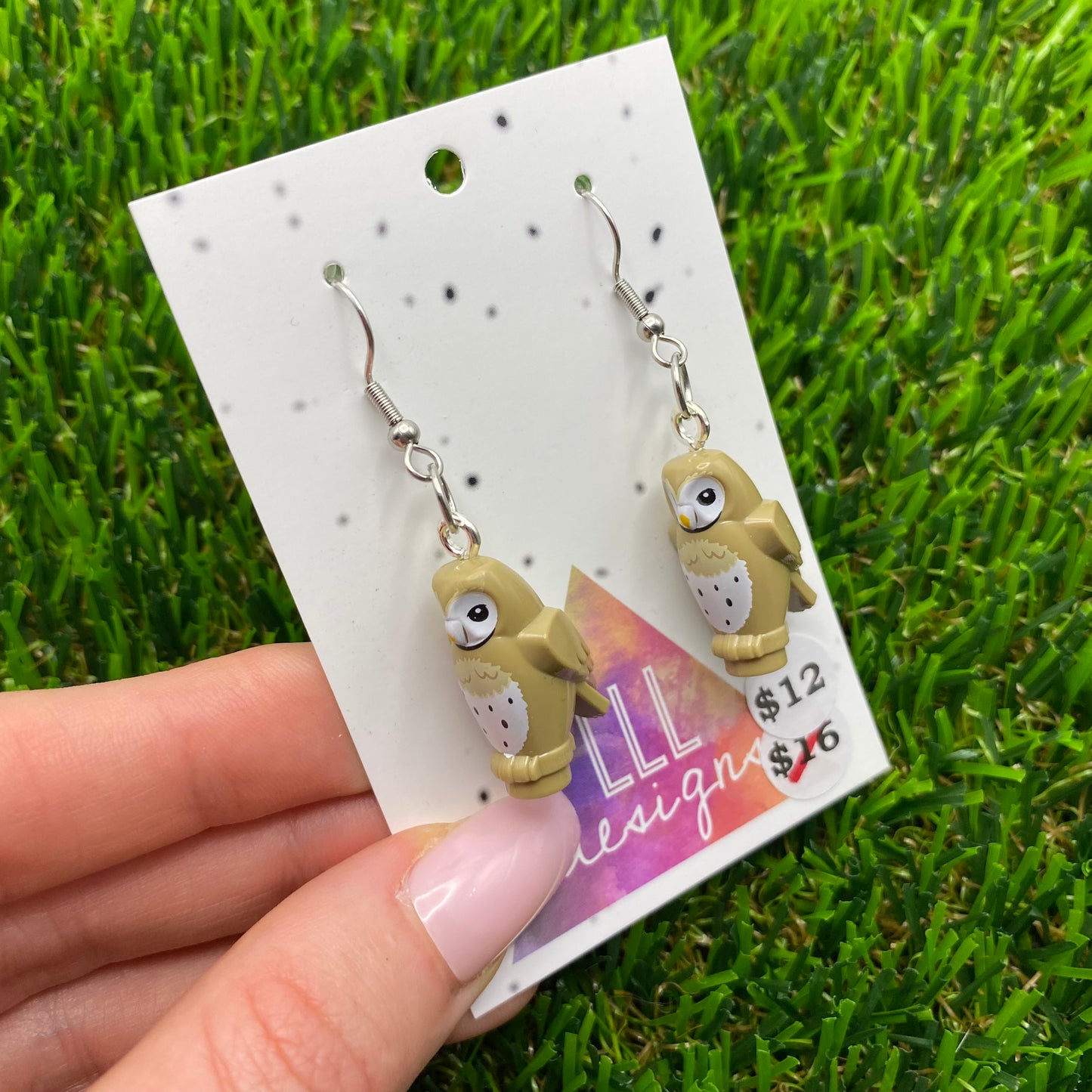 Tan Owl Brick Animal Hook Earrings - Lightweight!