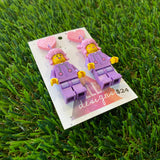 Pink Haired Cutie Brick Character With Purple Bunny Onesie Dangle Earrings - Featuring Pink Glitter Heart Shaped Tops!