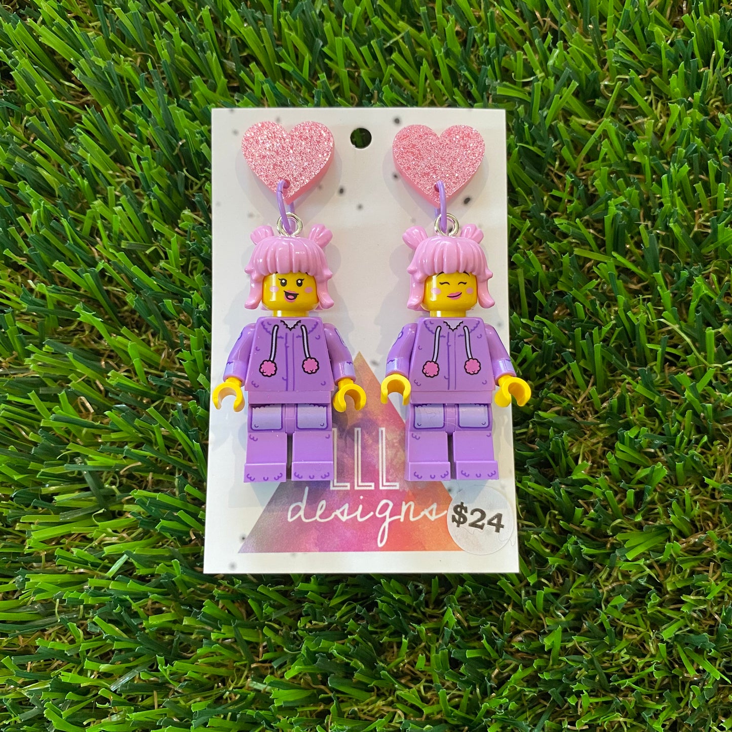 Pink Haired Cutie Brick Character With Purple Bunny Onesie Dangle Earrings - Featuring Pink Glitter Heart Shaped Tops!