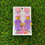 Pink Haired Cutie Brick Character With Purple Bunny Onesie Dangle Earrings - Featuring Pink Glitter Heart Shaped Tops!
