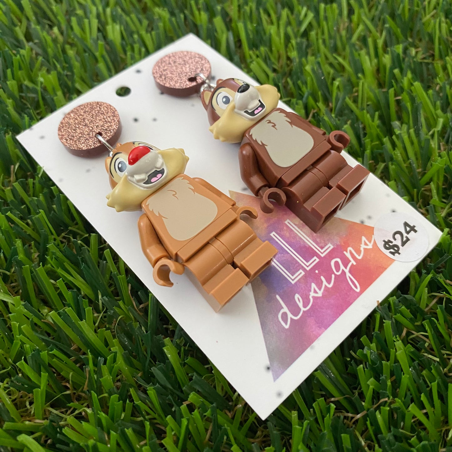 Brick Character Chipmunk Dangle Earrings - Featuring Brown Glitter Tops!