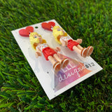 Blonde Cherry Picnic Girl Brick Character Dangle Earrings - Featuring Red Glitter Heart Tops!