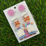 Brick Character Big Nose Chef Dangle Earrings - Featuring Pink Glitter Tops!