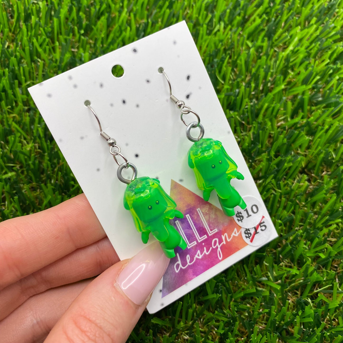 Neon Green Blob Character Brick Style Hook Earrings!
