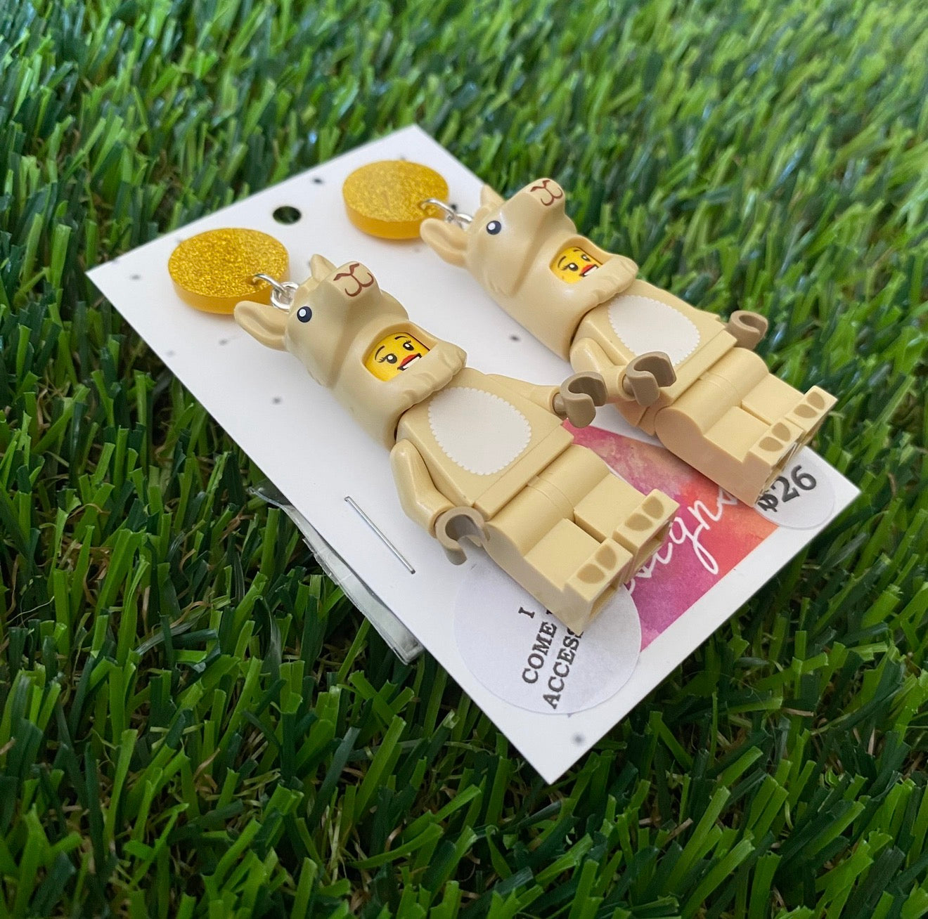 Llama/Alpaca Costume Brick Character With Carrot Accessory - Featuring Yellow Glitter Acrylic Tops!