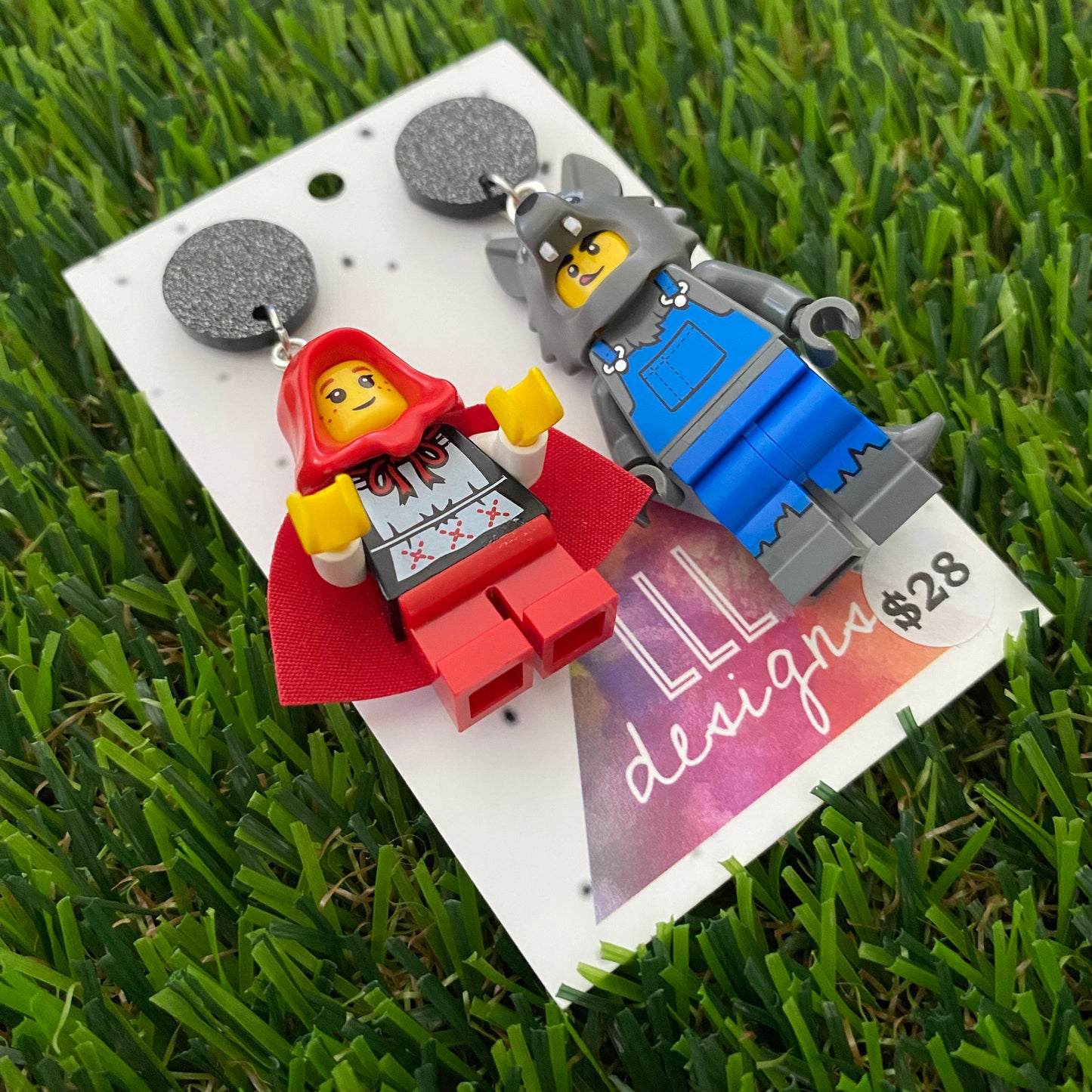 Red Caped Girl and Wolf Brick Characters Dangle Earrings - Featuring Black Glitter Tops!
