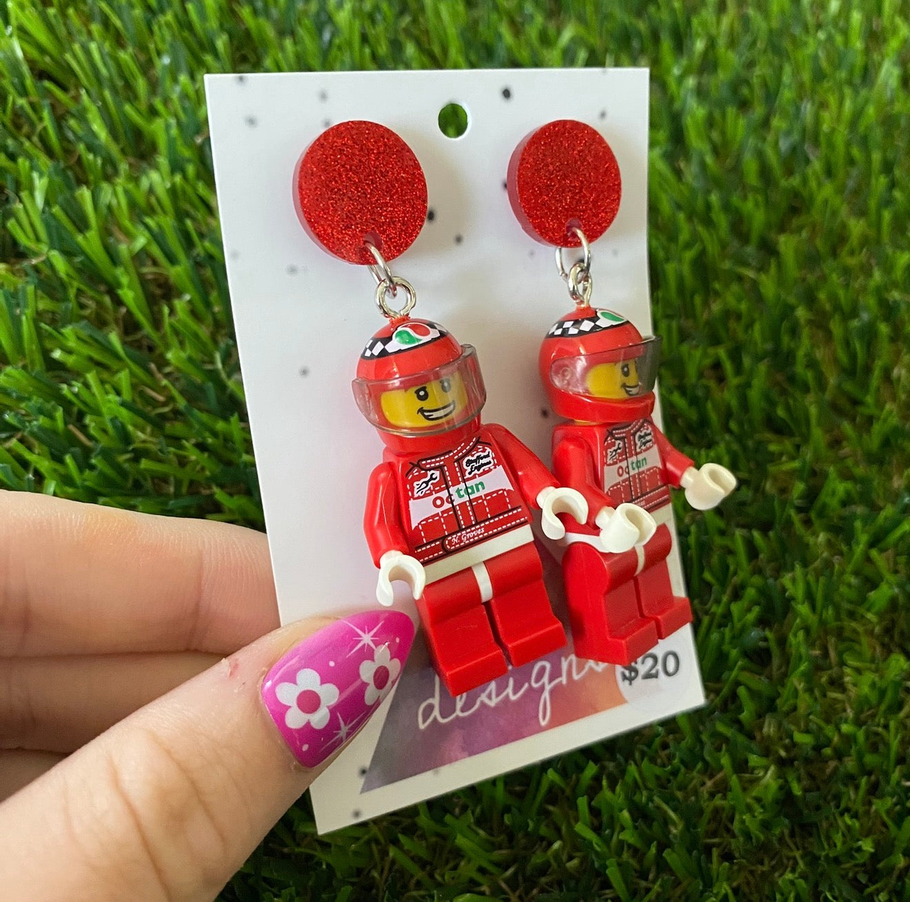 Race Car Driver Brick Character - Featuring Red Glitter Acrylic Tops!