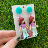 Brunette Groupie Girl Brick Character Dangle Earrings - Featuring Teal Tops!