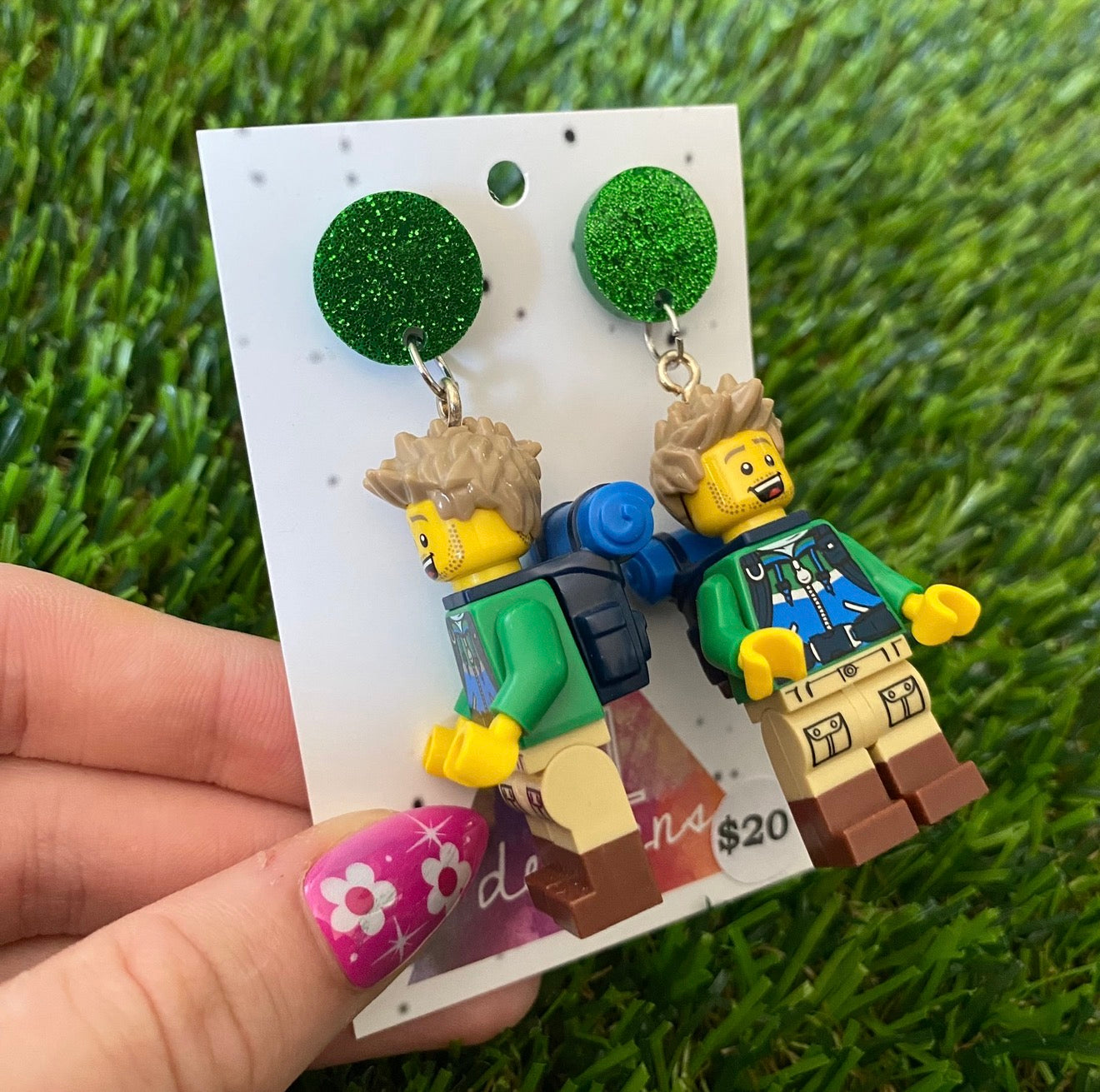 Hiking Trekker Guy Brick Character - Featuring Green Glitter Acrylic Tops!
