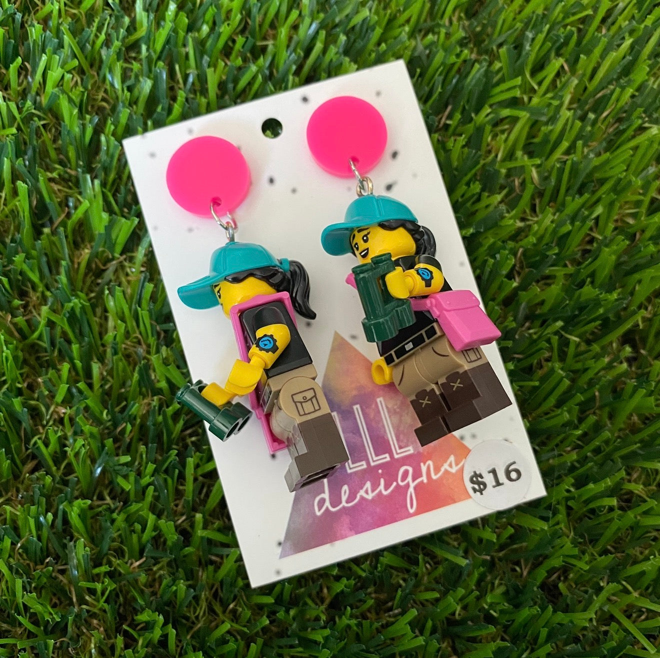Hiking Explorer Brick Character With Binoculars - Featuring Pink Acrylic Tops!