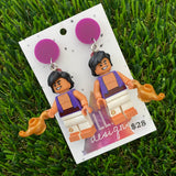 Brick Character Man with Lamp Dangle Earrings - Featuring Purple Tops!
