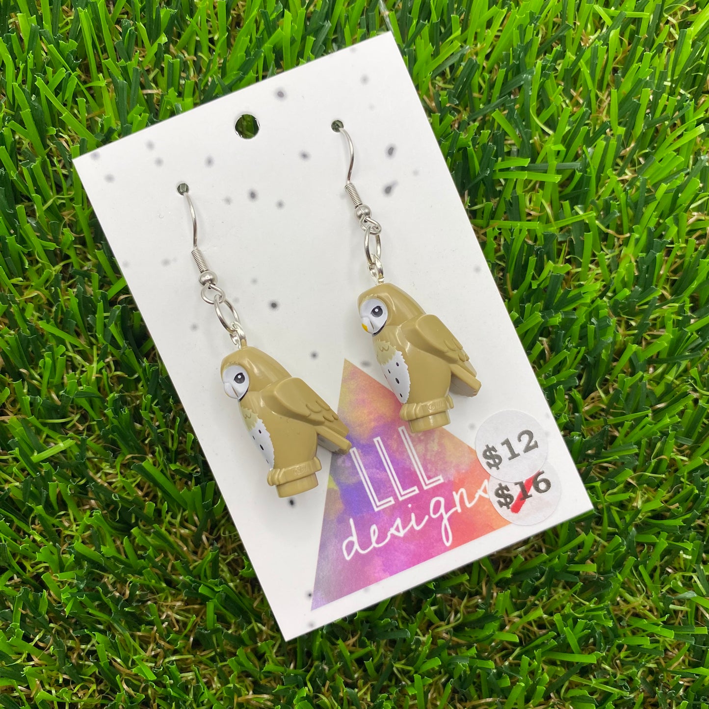 Tan Owl Brick Animal Hook Earrings - Lightweight!