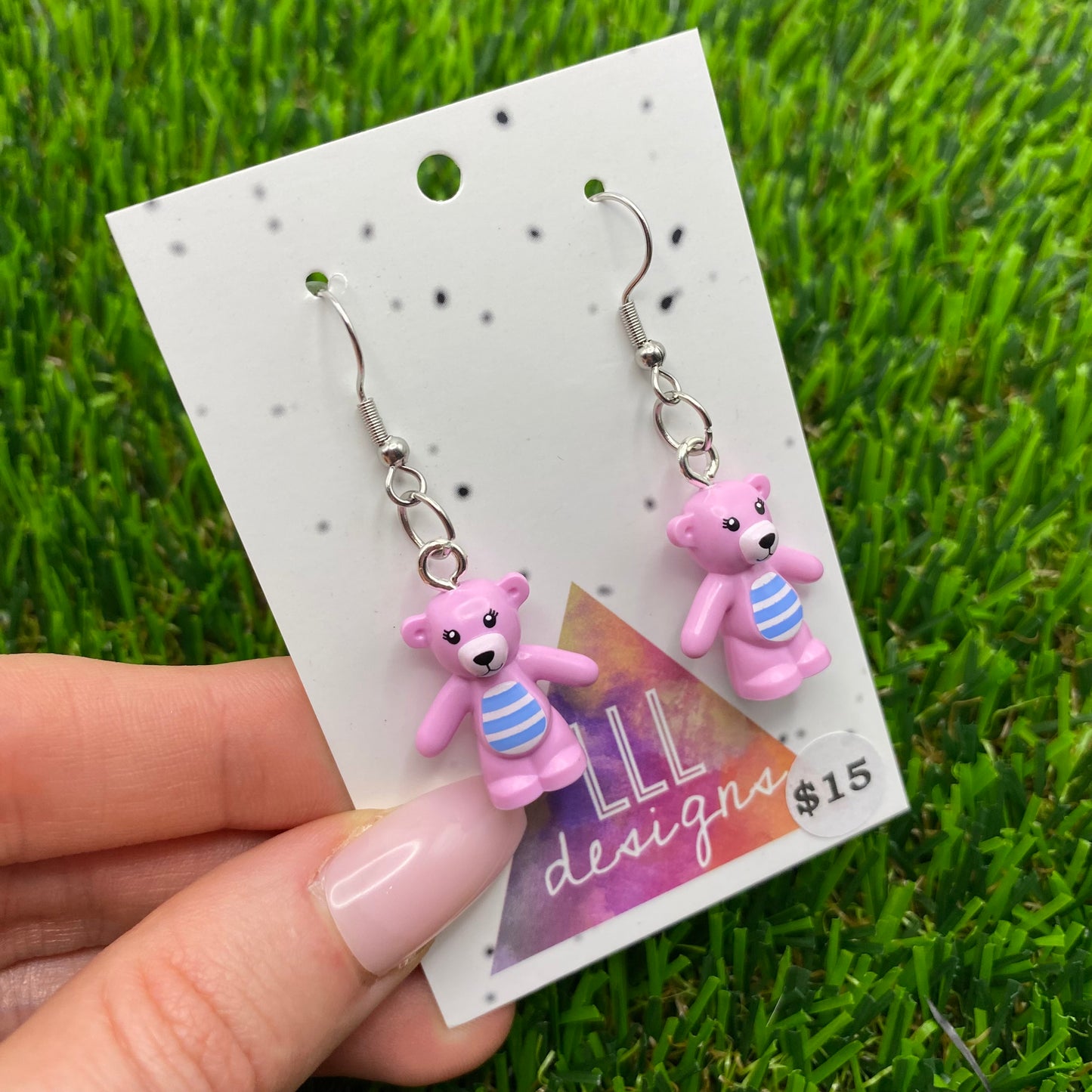 Pink Teddy Bear Brick Animal Hook Earring - Lightweight!