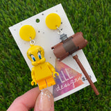 Brick Character Yellow Bird with Hammer Dangle Earrings - Featuring Yellow Tops!