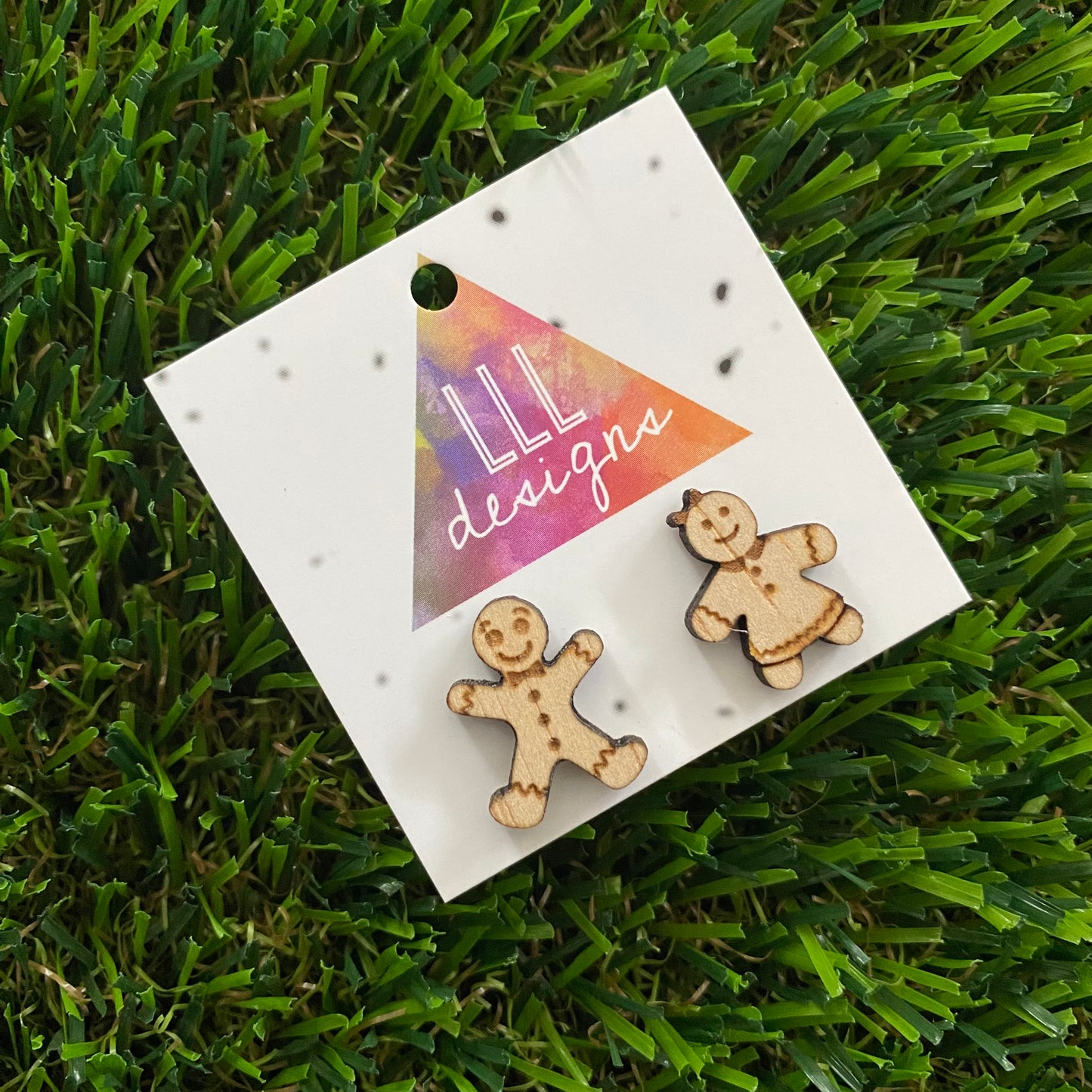 Christmas Gingerbread People Stud Earrings. Timber Etched Earrings.