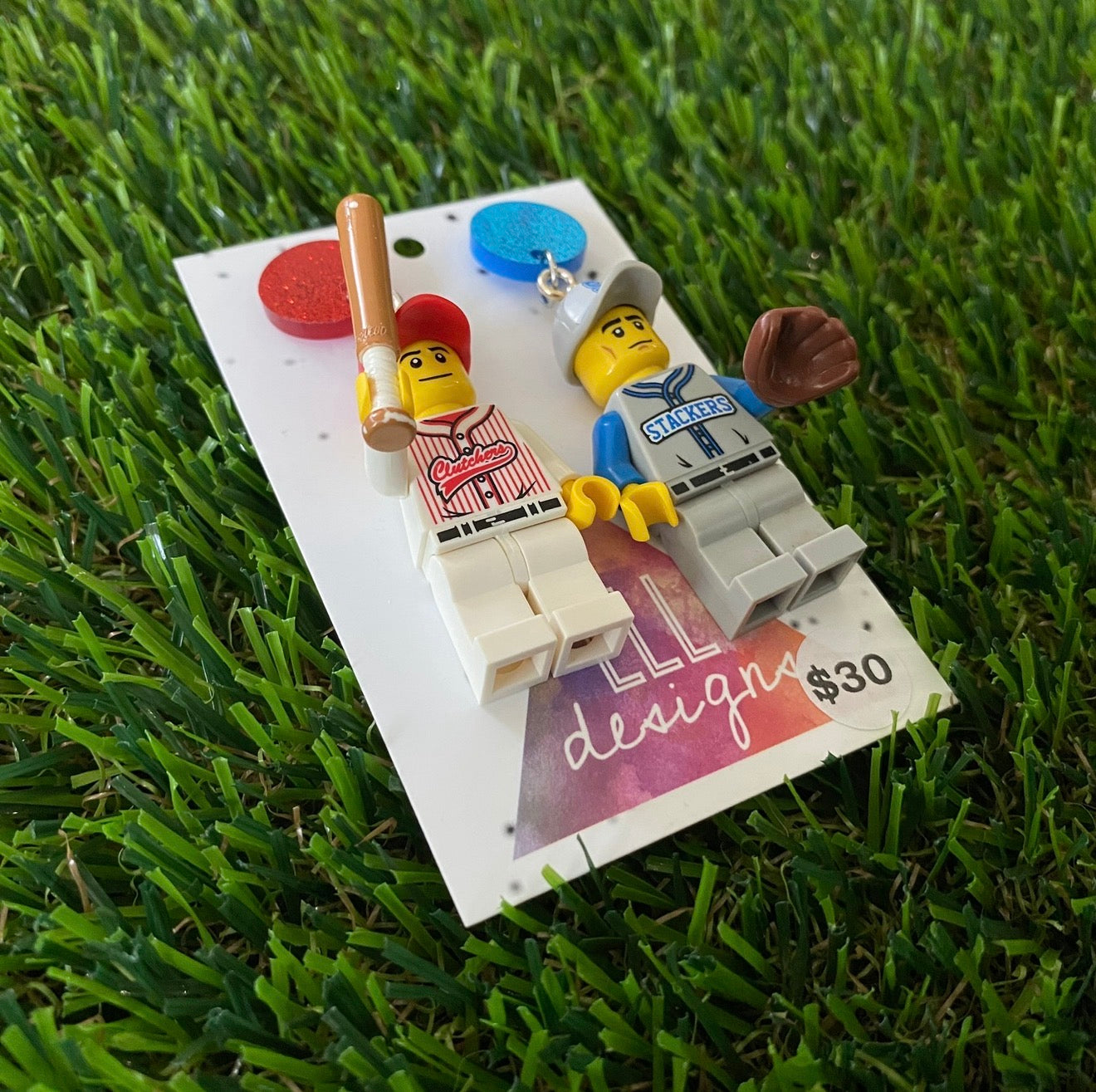 Red And Blue Baseball Player Brick Character With Bat and Mitt - Featuring Red and Blue Glitter Acrylic Tops!