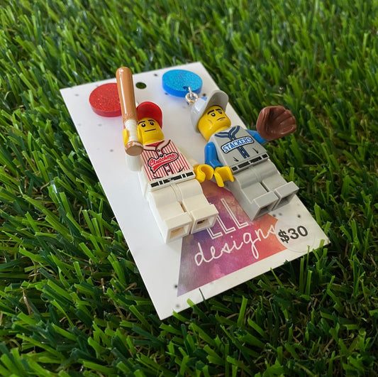 Red And Blue Baseball Player Brick Character With Bat and Mitt - Featuring Red and Blue Glitter Acrylic Tops!