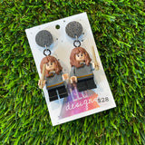 Uniformed Wizard Witch Girl Brick Character with Wand Accessory Dangle Earrings - Featuring a Black Glitter Top!