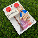 Brick Character Pig in Suit with Sign Dangle Earrings - Featuring Red Glitter Tops!