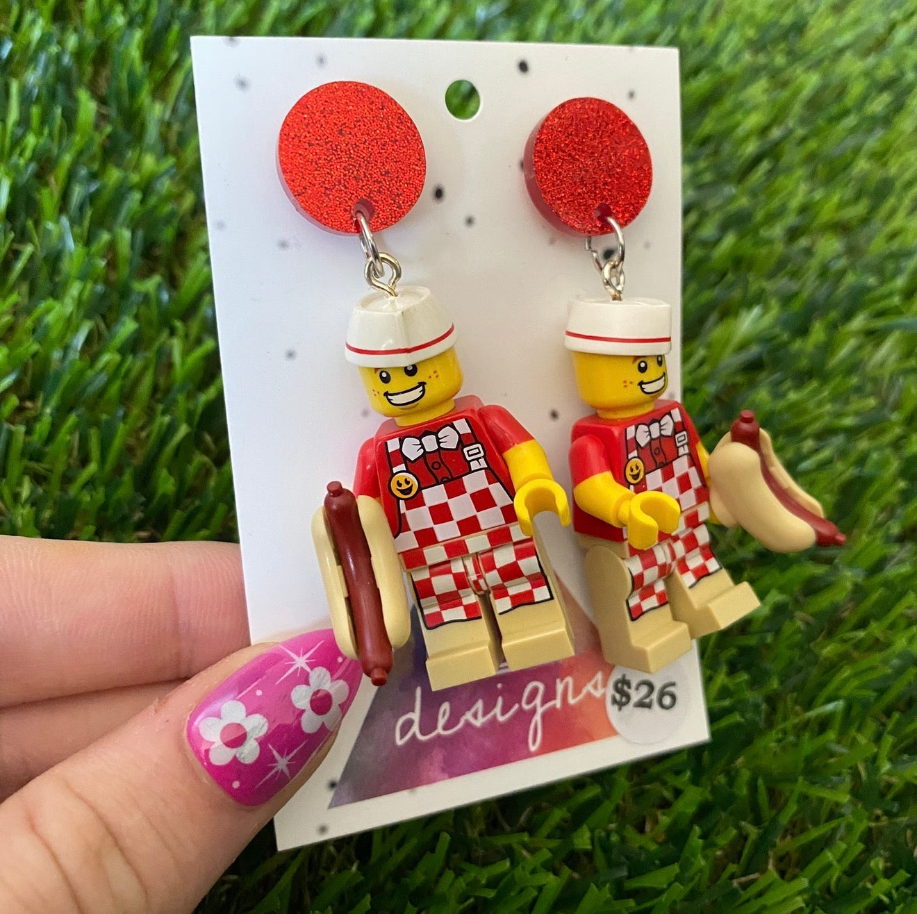 Hot Dog Vendor Man Brick Character - Featuring Red Glitter Acrylic Tops!