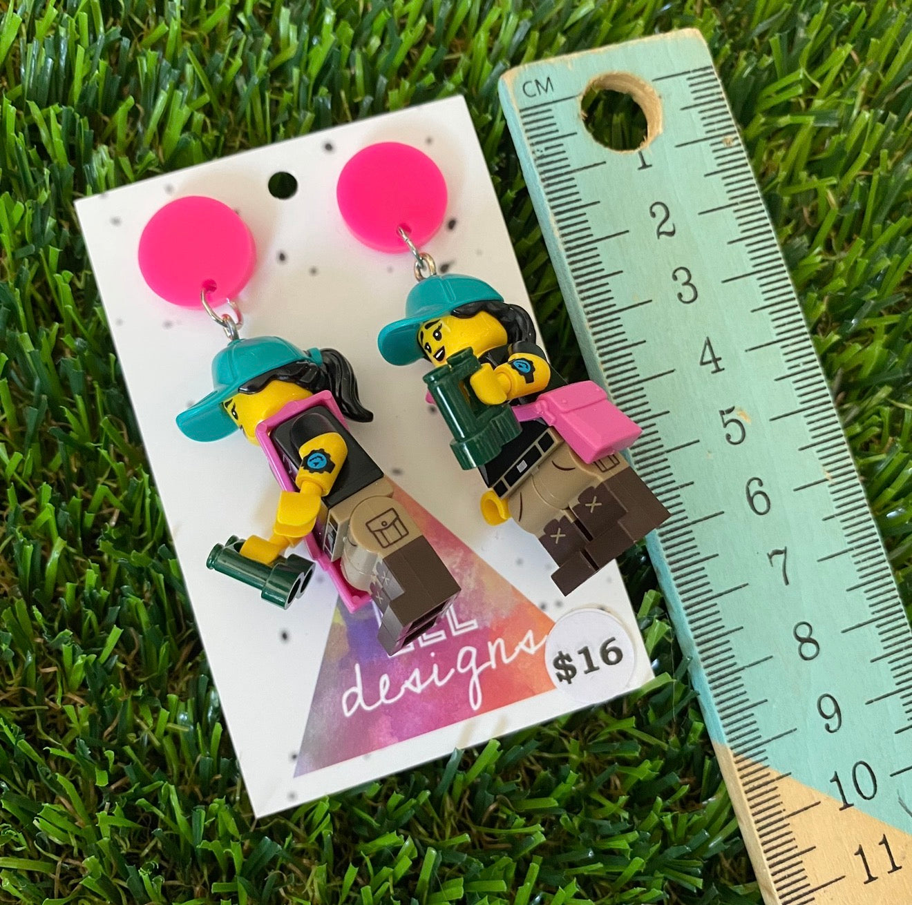Hiking Explorer Brick Character With Binoculars - Featuring Pink Acrylic Tops!