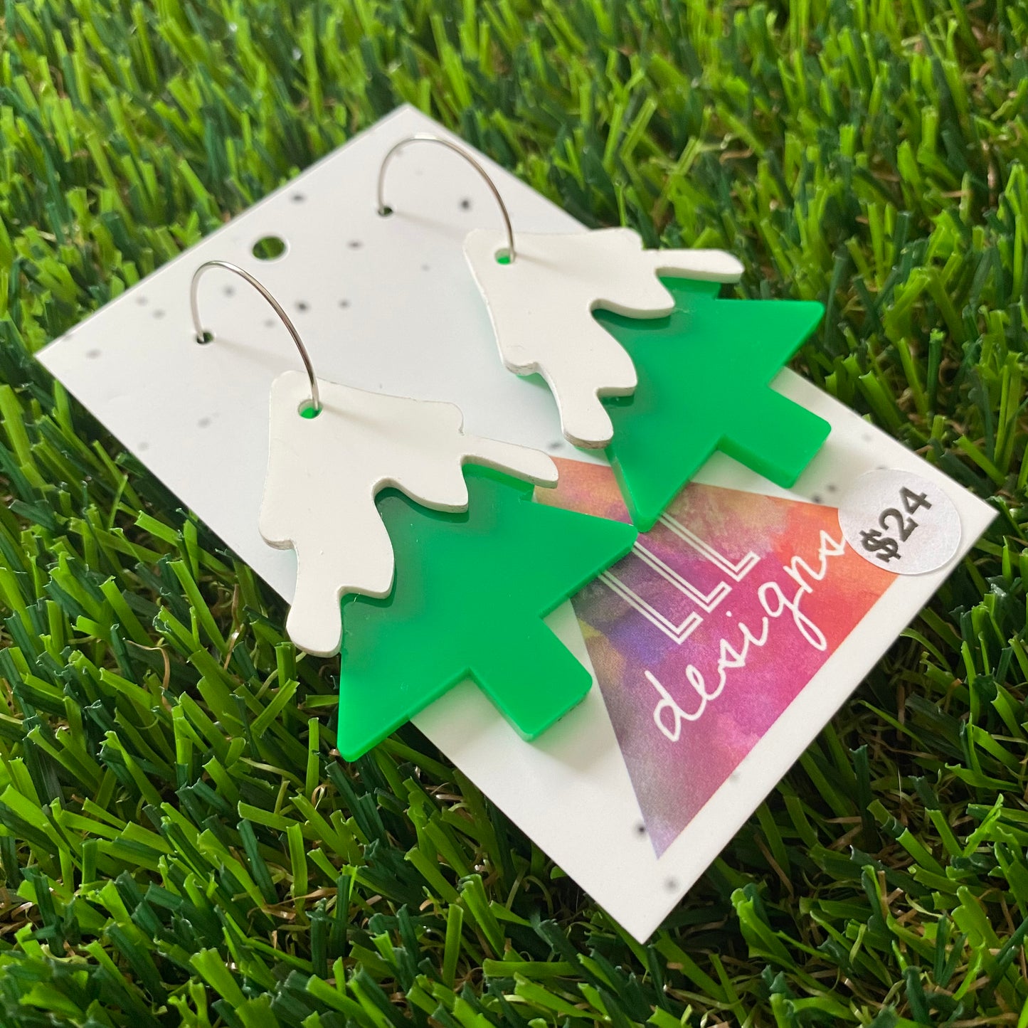 Snow-Capped Green Acrylic Christmas Tree Hoop Earrings.