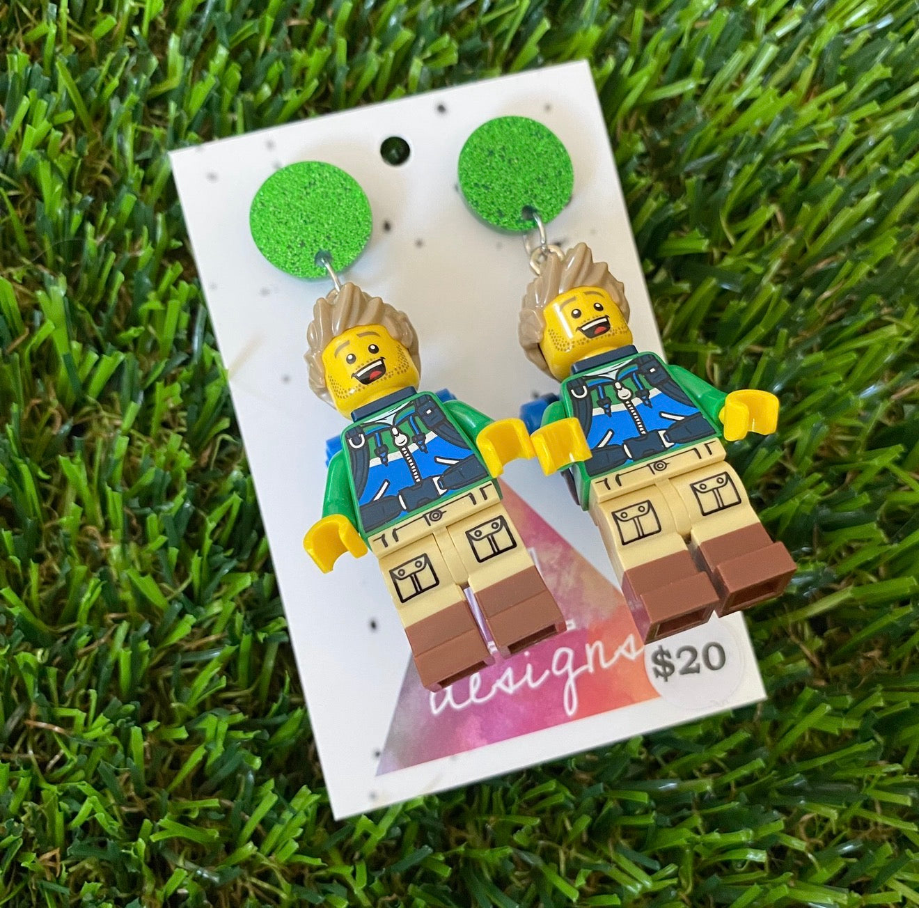 Hiking Trekker Guy Brick Character - Featuring Green Glitter Acrylic Tops!