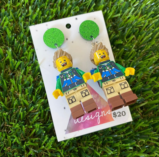Hiking Trekker Guy Brick Character - Featuring Green Glitter Acrylic Tops!