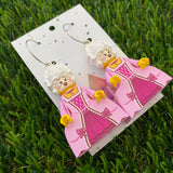 Brick Character Royal Lady with Wig Dangle Earrings - Featuring Surgical Stainless Steel Silver Hoops!