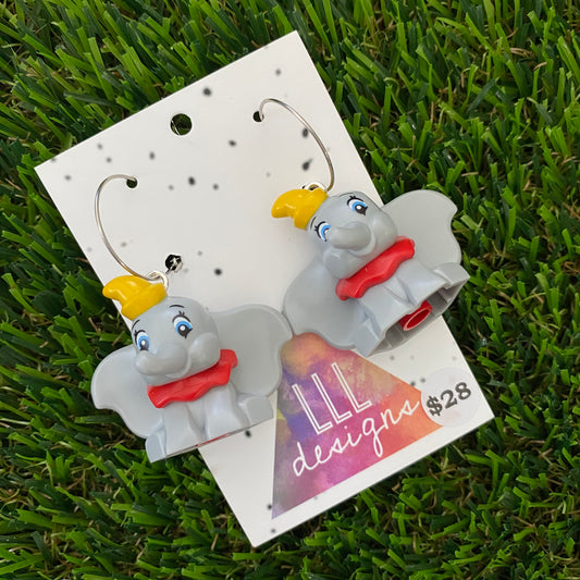 Brick Character Happy Flappy Elephant Dangle Earrings - Featuring Surgical Stainless Steel Silver Hoops!