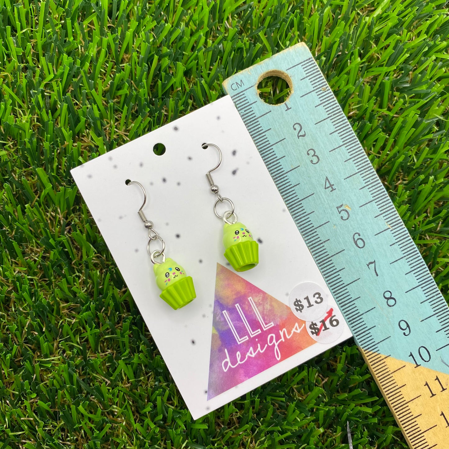 Lime Green Kitty Cupcake Brick Animal Hook Earrings - Super Lightweight!