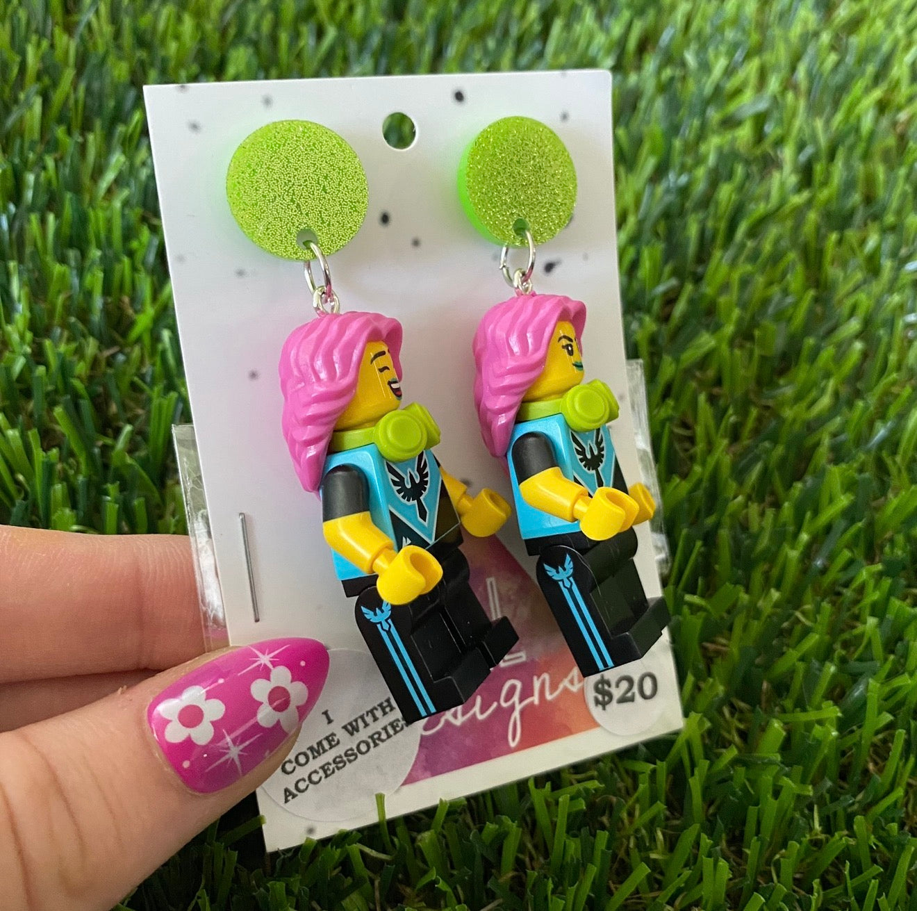 Pink Haired Gamer Girl Brick Character With a PC - Featuring Green Acrylic Glitter Tops!