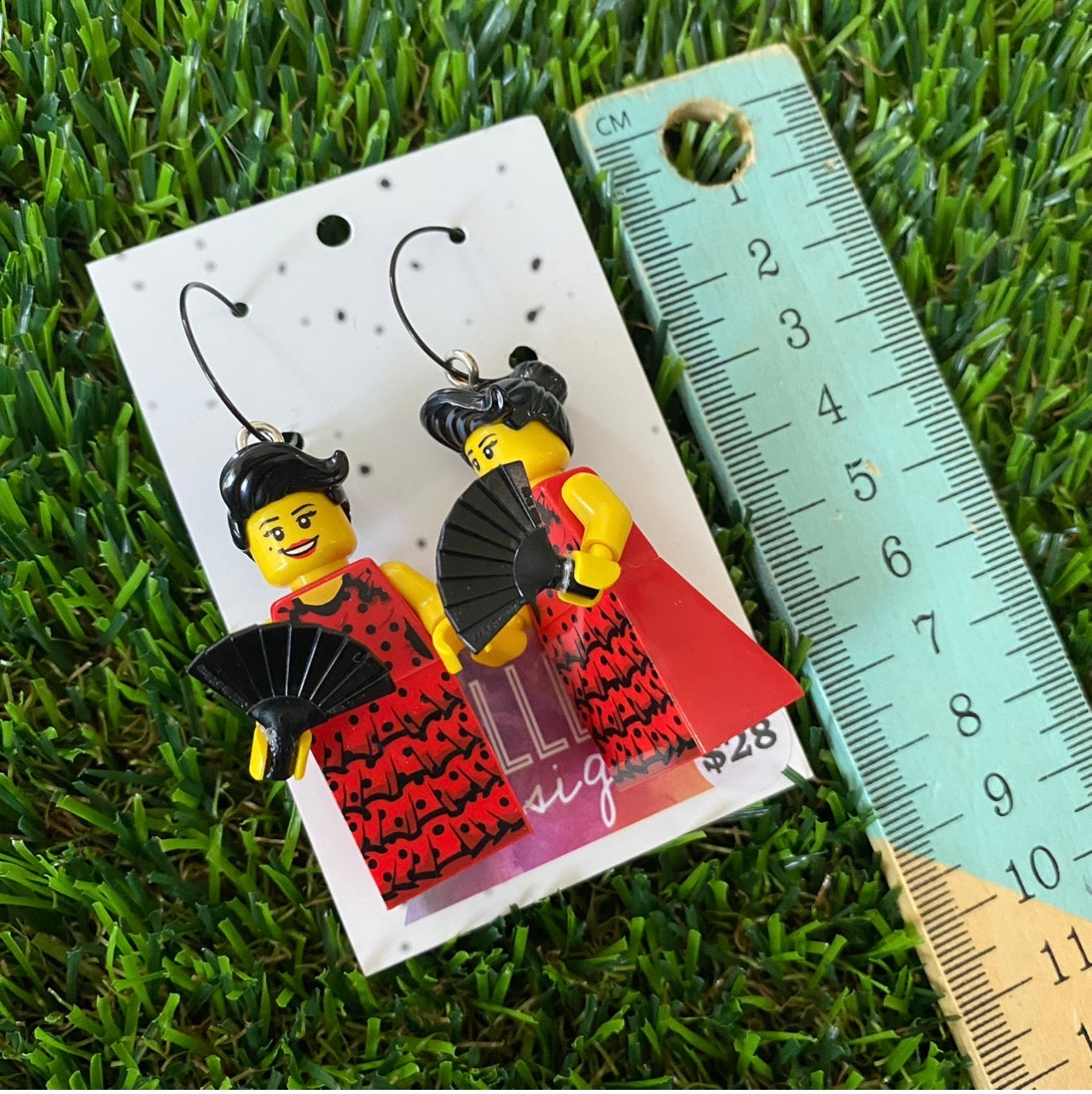 Red Flamenco Dancer Brick Character With Fans - Featuring Surgical Stainless Steel Silver Hoops!