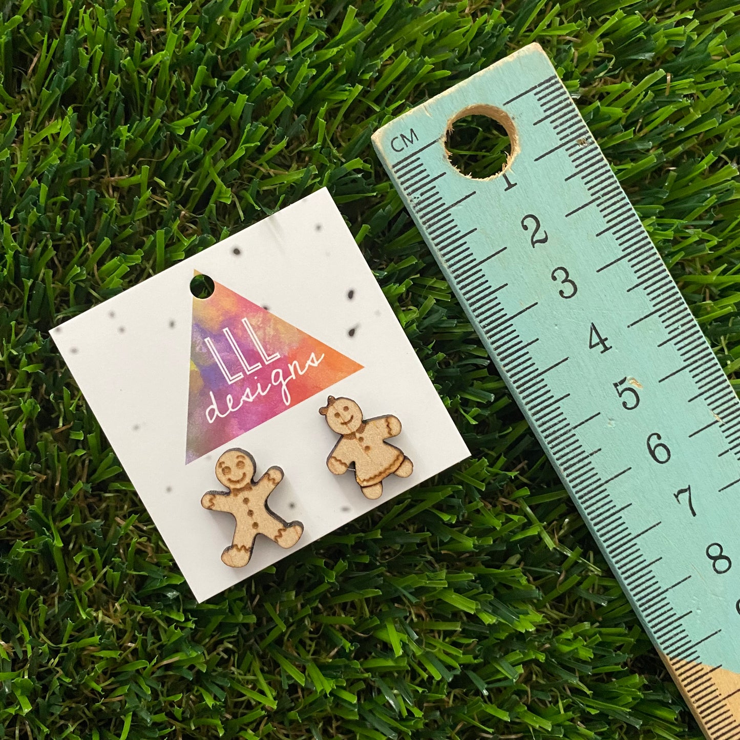 Christmas Gingerbread People Stud Earrings. Timber Etched Earrings.