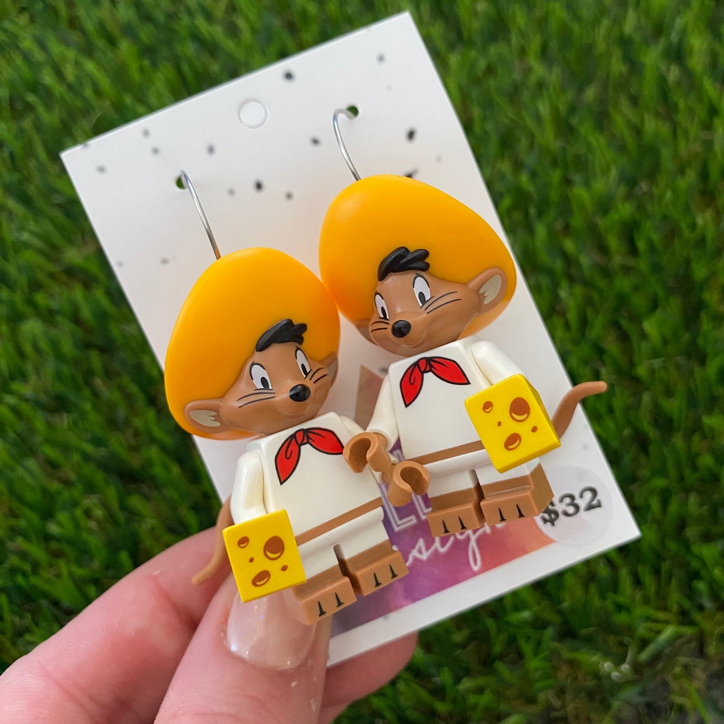 Brick Character Sombrero Mouse with Cheese Dangle Earrings - Featuring Surgical Stainless Steel Silver Hoops!