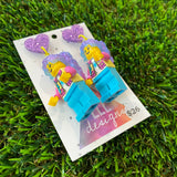 Lizzy Brick Character With Magical Hair and Super Cute Face Details Dangle Earrings - Featuring Purple Glitter Heart Shaped Tops!