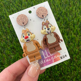 Brick Character Chipmunk Dangle Earrings - Featuring Brown Glitter Tops!