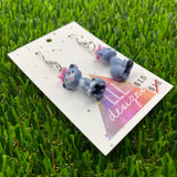 Gray Cat Brick Animal Hook Earrings - Featuring Pink Flower - Lightweight!