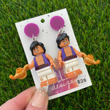 Brick Character Man with Lamp Dangle Earrings - Featuring Purple Tops!
