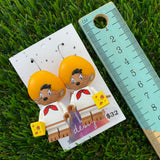Brick Character Sombrero Mouse with Cheese Dangle Earrings - Featuring Surgical Stainless Steel Silver Hoops!