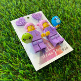 Pink Haired Cutie Brick Character With Purple Bunny Onesie Dangle Earrings With Plushies - Featuring Purple Glitter Heart Shaped Tops!