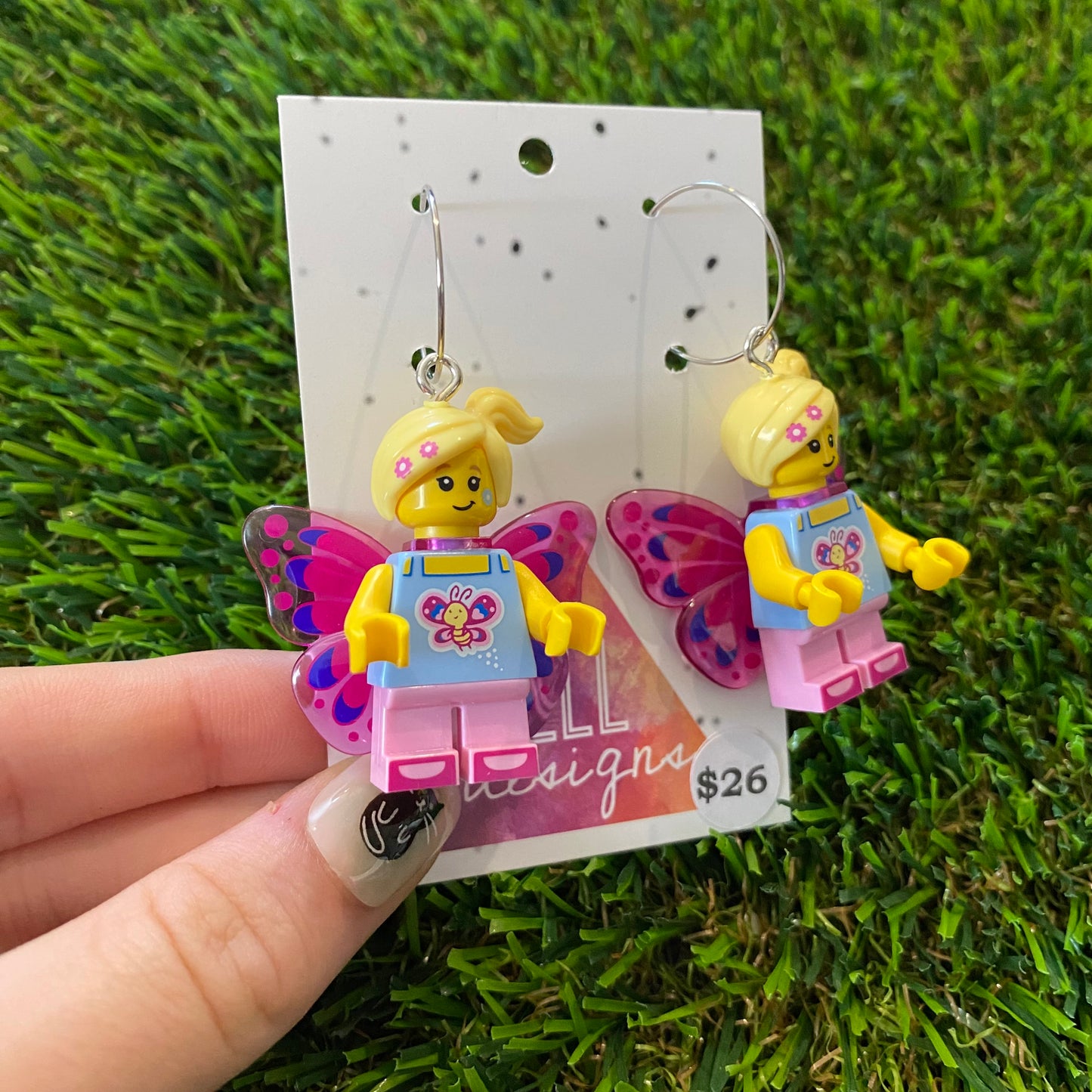 Butterfly Girl Brick Character Dangle Earrings - Featuring Silver Surgical Stainless Steel Hoops!