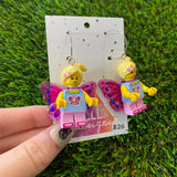 Butterfly Girl Brick Character Dangle Earrings - Featuring Silver Surgical Stainless Steel Hoops!