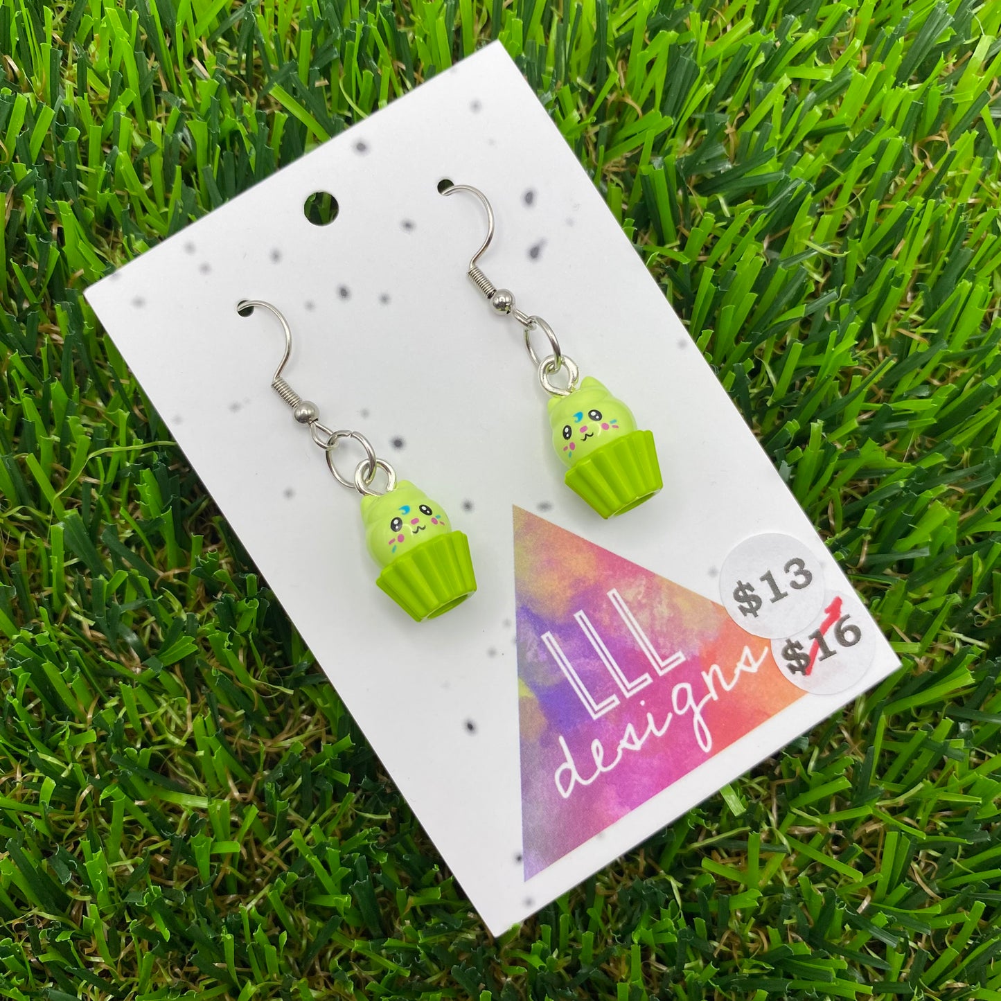 Lime Green Kitty Cupcake Brick Animal Hook Earrings - Super Lightweight!
