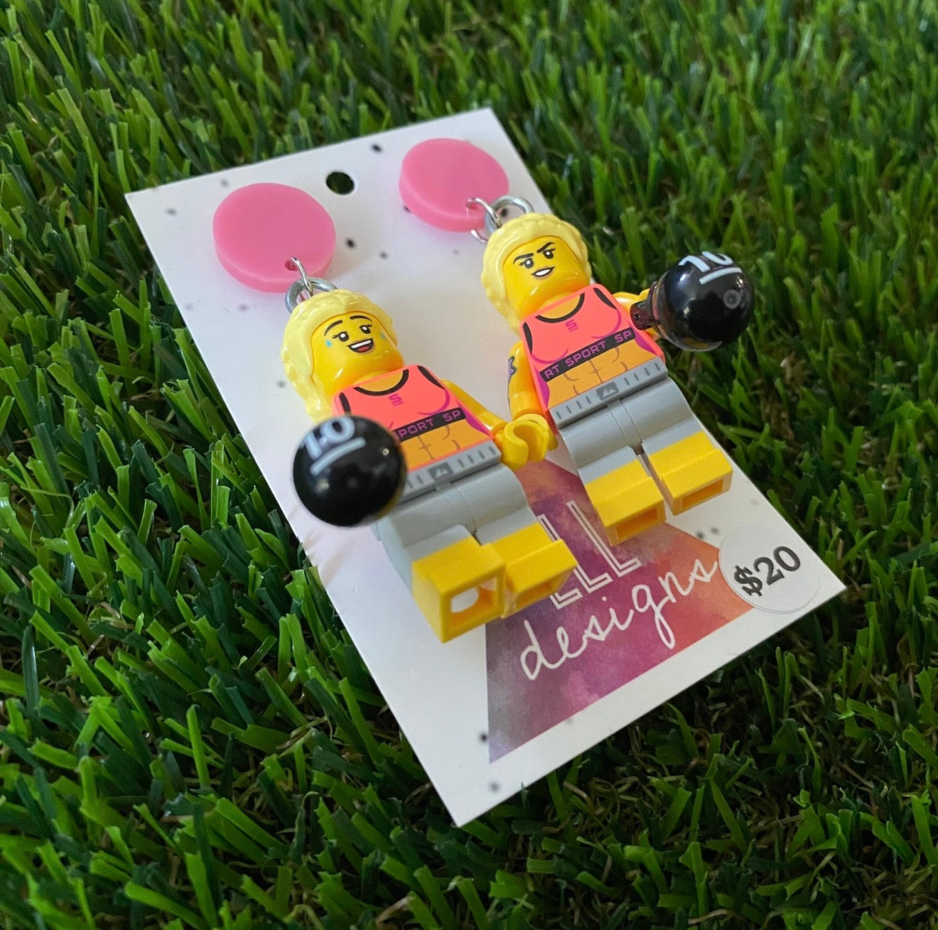 Gym Girl Brick Character With Dumbbells - Featuring Pink Acrylic Tops!